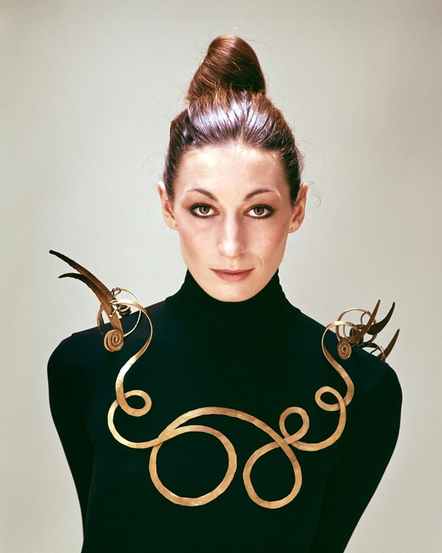 Anjelica Huston wearing The Jealous Husband, 1940, by Alexander Calder, 1976